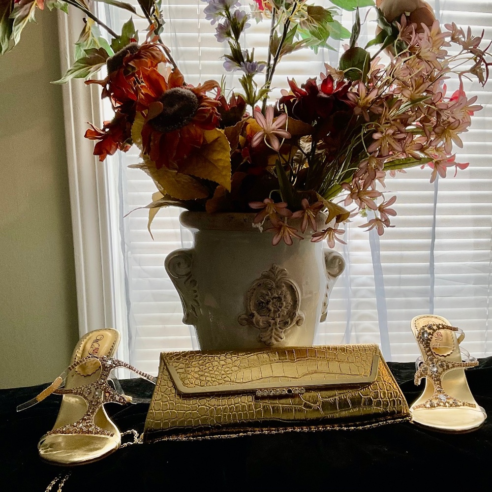 Gold Clutch with Matching Shoes